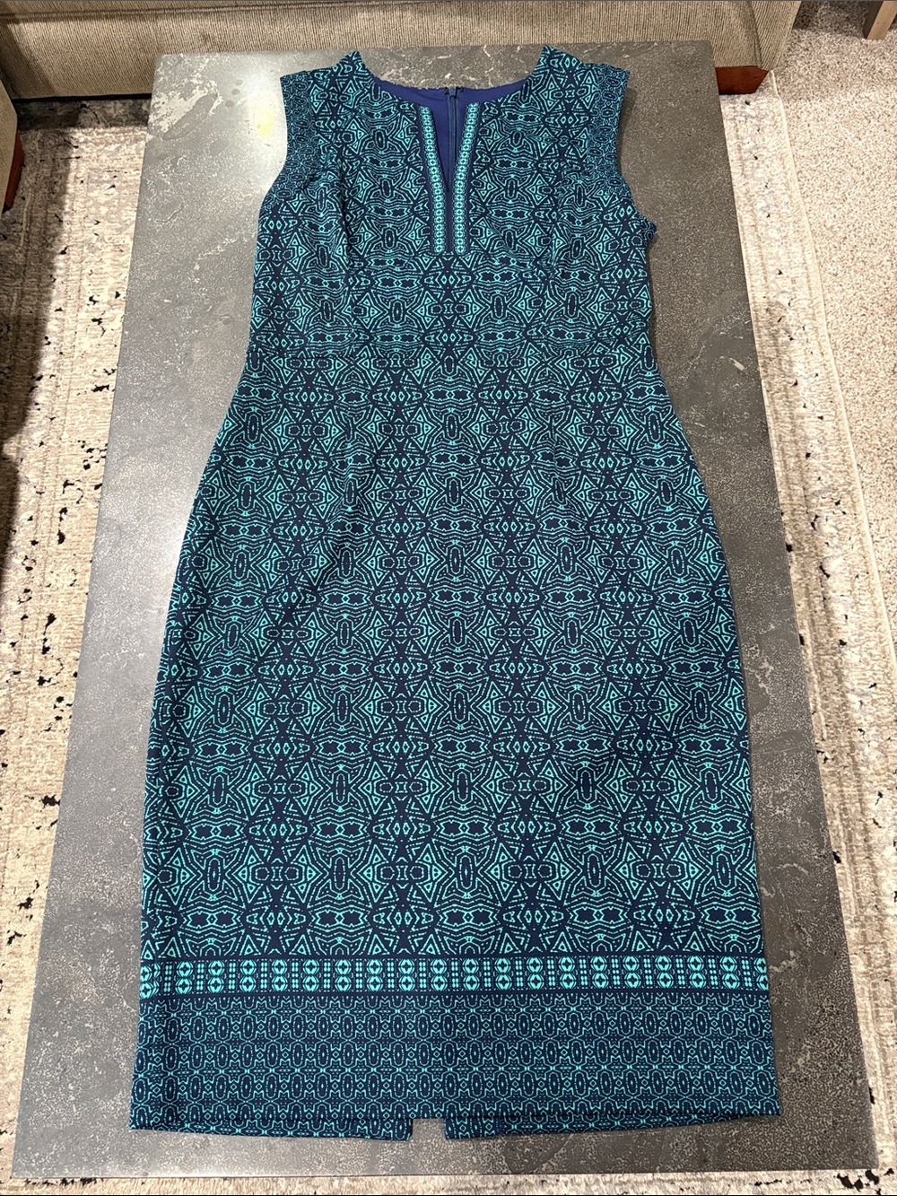 Sleeveless Teal & Navy Patterned Sheath Dress